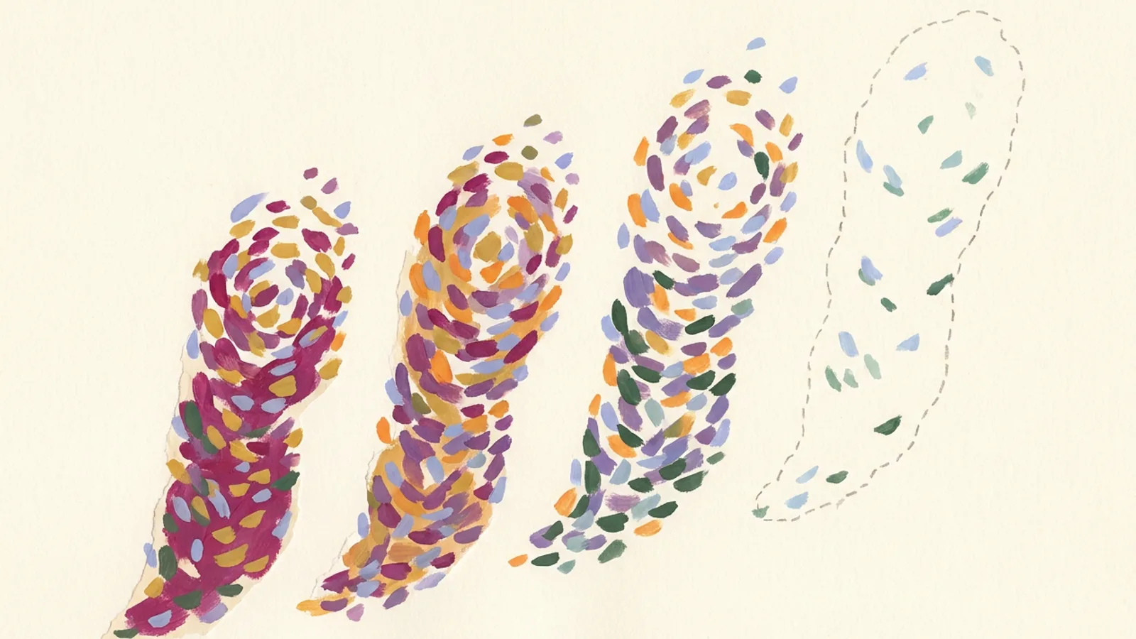 Four swirling forms of small painted marks in magenta, gold, orange, violet and green on an off-white ground, rising from left to right, the fourth only a dashed outline with a few pale marks inside it