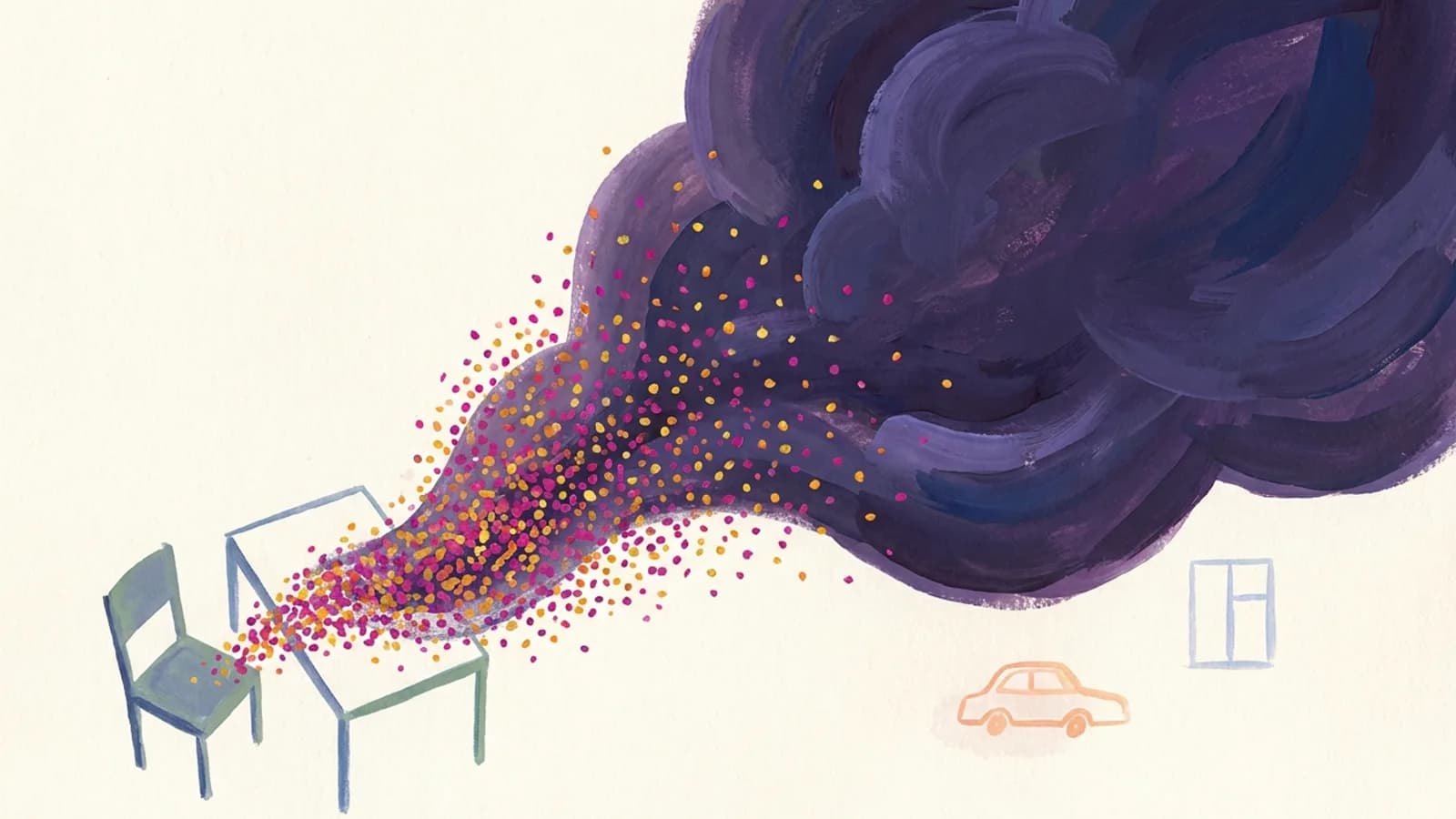 A small desk and chair on an off-white ground, a stream of magenta and gold particles pouring off the desk into a dark violet cloud many times its size, with a faint car and a window drawn small beside it for scale