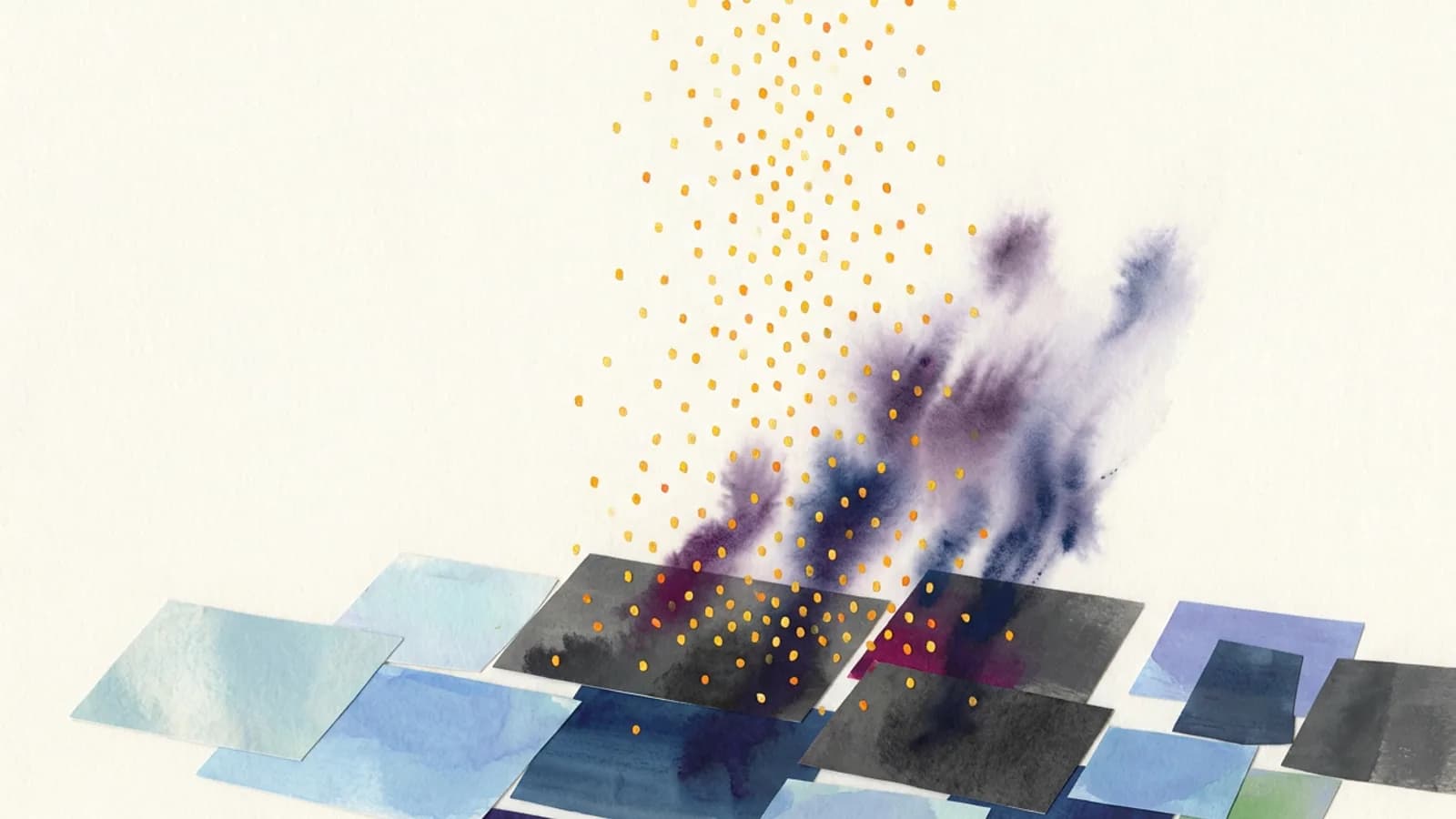 An even rain of small gold particles falling onto a patchwork of cut-paper tiles in pale blues and charcoal, with dark violet drift rising only above the charcoal tiles the particles land on