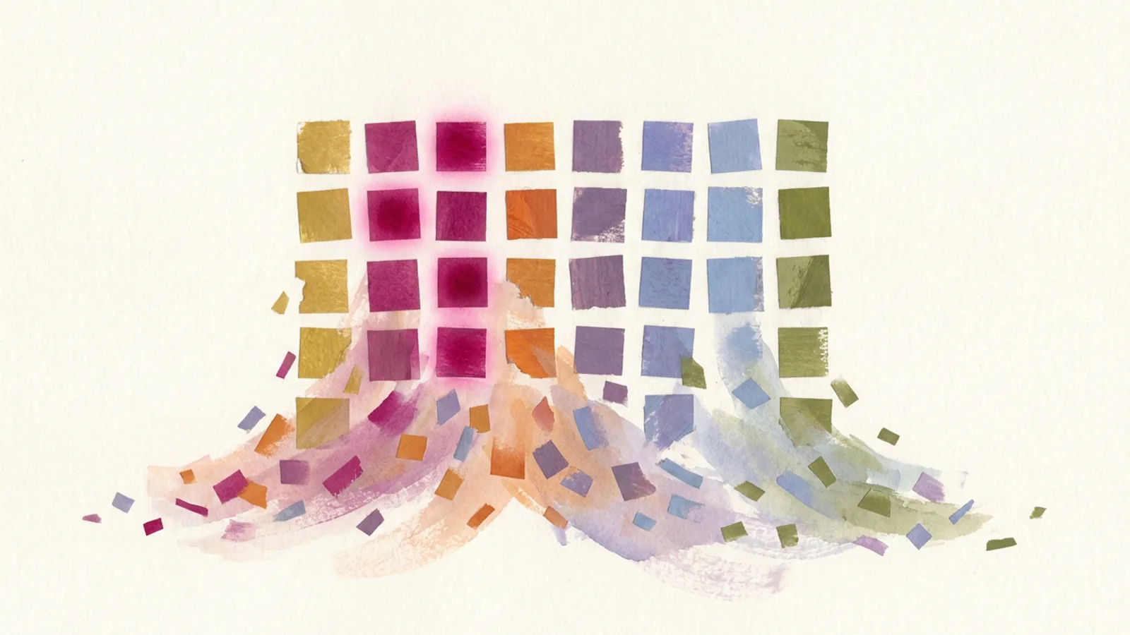 A ledger-like grid of small squares, a few lit in magenta, over a soft drift of particles