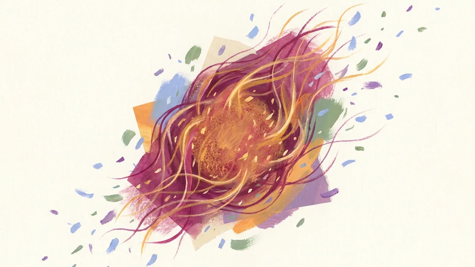 Thin filaments of warm light gathering into a glowing core, with small sparks drifting outward