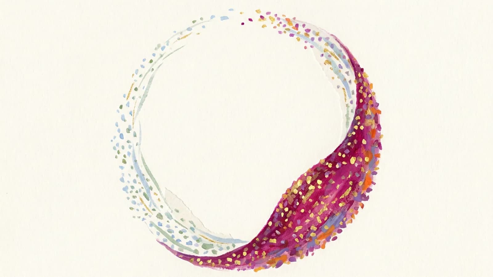 A single ring painted on an off-white ground, one half a dense sweep of magenta flecked with gold and orange, the other half a sparse trail of pale blue and green particles, the dense half and the pale half joined into one loop