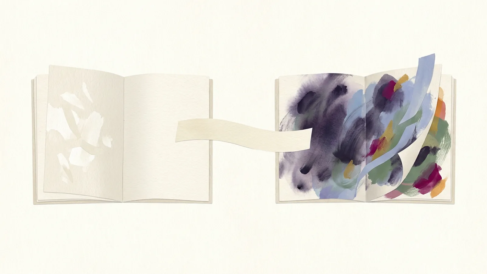 Two open ledgers on an off-white ground, one nearly blank and one dense with dark drifting marks in magenta, violet, blue and gold, joined by a single pale strip of paper