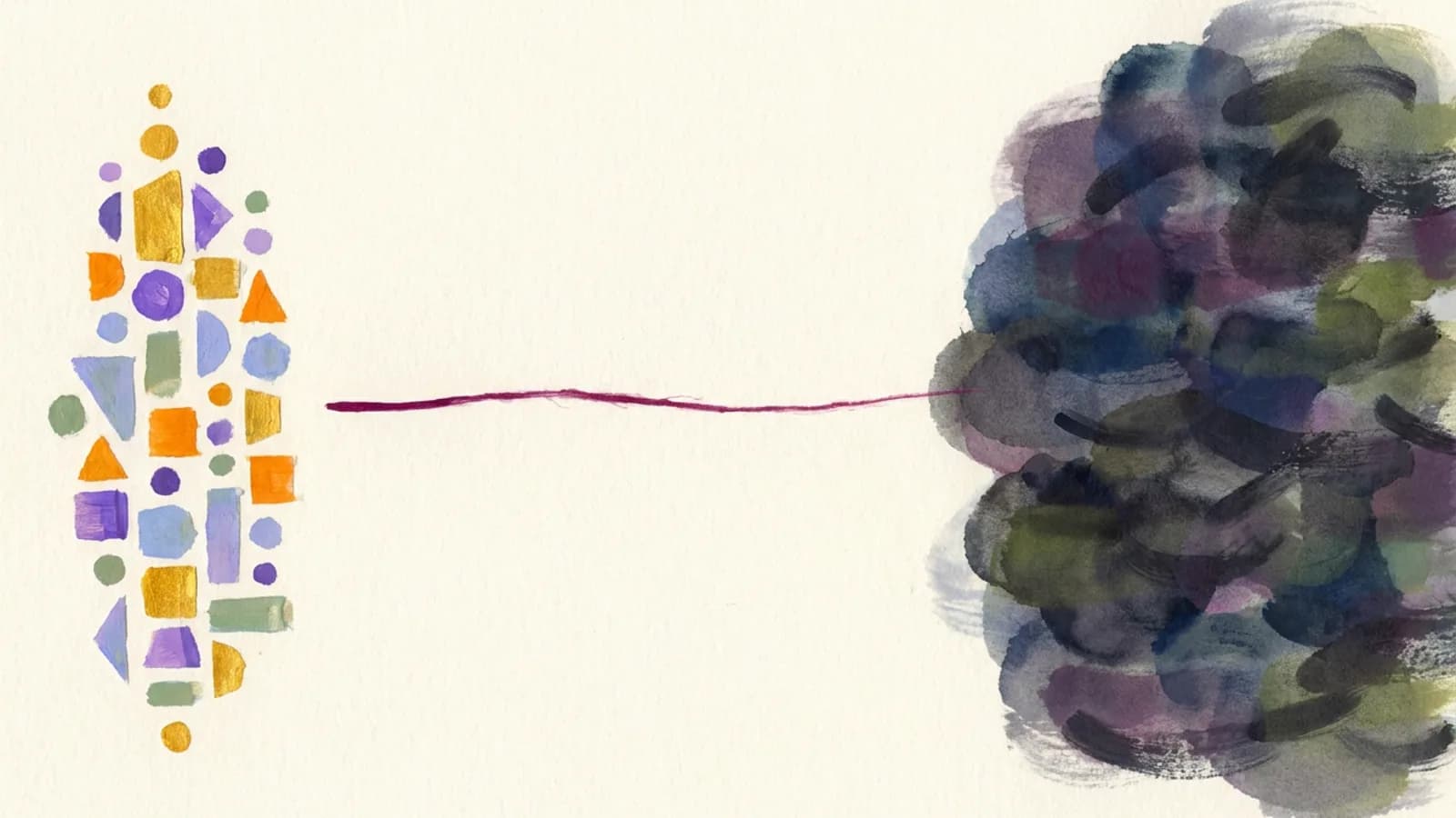 Two forms on an off-white ground, on the left a small column of bright cut-paper shapes in gold, orange, violet and green, on the right a large dark cloud of violet, blue and green brushstrokes, with one thin magenta thread running across the empty space between them