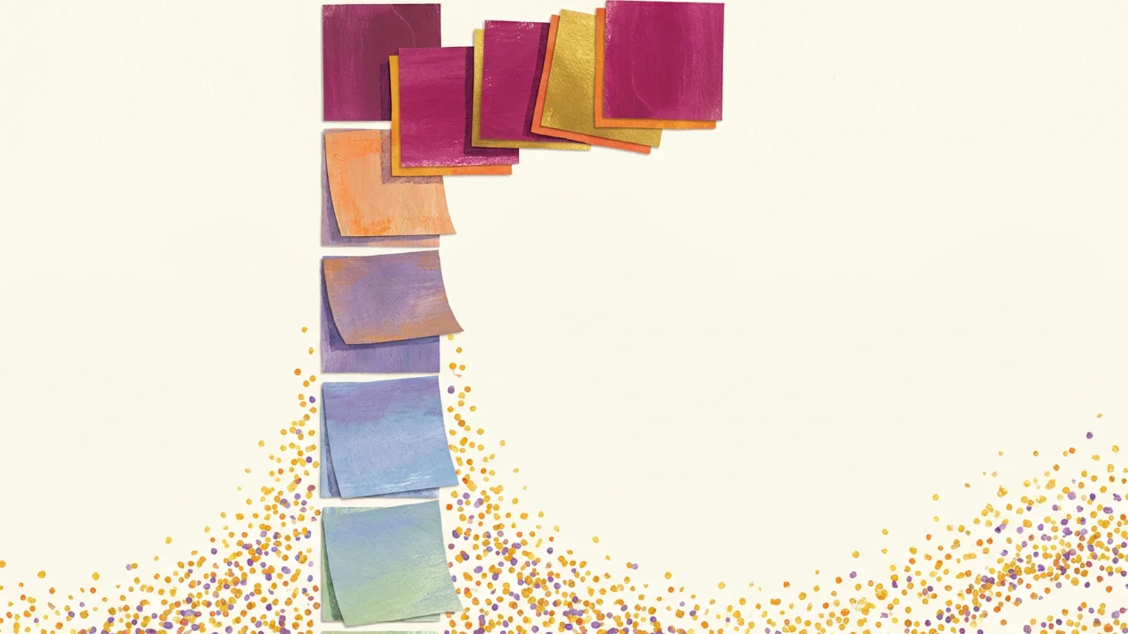 A tall column of cut-paper squares on an off-white ground, bright magenta and gold squares fanning in at the top above paler orange, violet, blue and green ones, with a tide of small gold and violet dots rising along the bottom