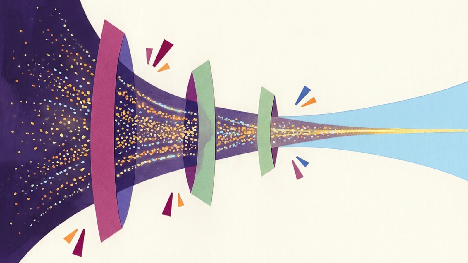 A stream of small bright particles funnelling from a dark violet cloud on the left through three cut-paper rings of magenta and green, each smaller than the last, narrowing into a single thin gold line over a pale blue ground on the right